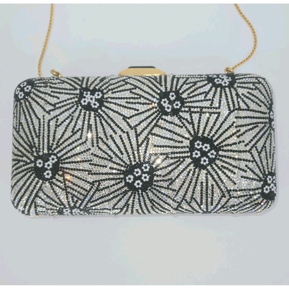 Judith Leiber Crystal Minaudiere Clutch Black Silver Floral Mirror Dust Bag 7.5